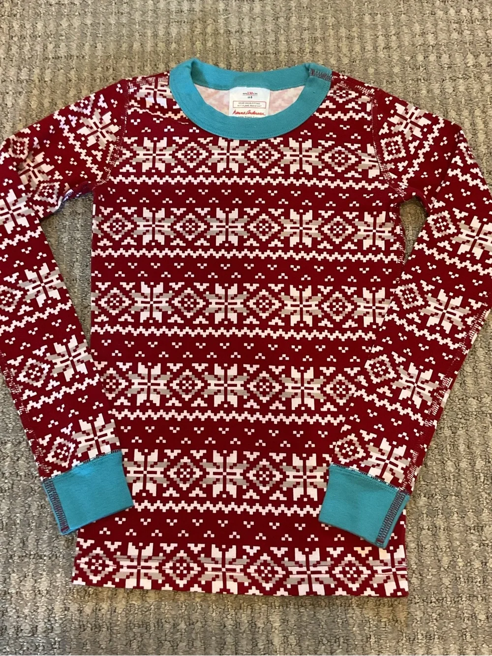 Hanna Andersson cotton long John Red Fair Isle Pajama Set with Teal Trim 8 130